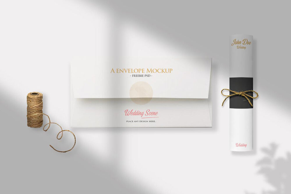 Top View Envelope and Scroll Invitation Card Scene Mockup (FREE